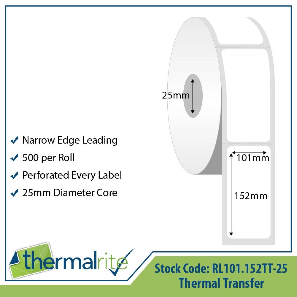 Thermal Transfer Semi-Gloss Roll Label - Thermalrite, PEL, 101x152mm - 5 Rolls/pk (£/pk)