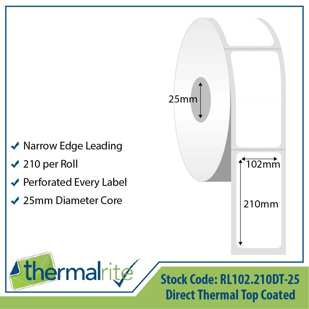 Direct Thermal Roll Label Top Coated - Thermalrite, PEL, 102x210mm - 5 Rolls/pk (£/pk)