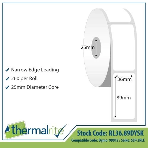 Dymo 99012 & Seiko Compatible Roll Labels - Thermalrite, 36x89mm 260/roll(£/pk)