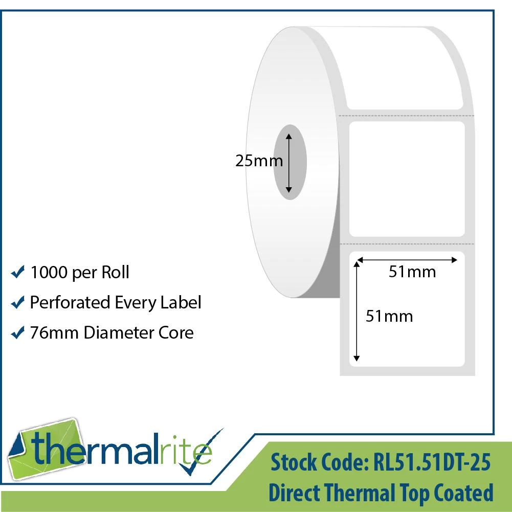 Direct Thermal Roll Label Top Coated - Thermalrite, PEL, 51x51mm - 5 Rolls/pk (£/pk)