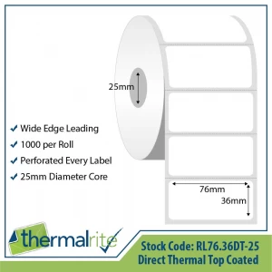 Direct Thermal Roll Label Top Coated - Thermalrite, PEL, 76x36mm  - 5 Rolls/pk (£/pk)