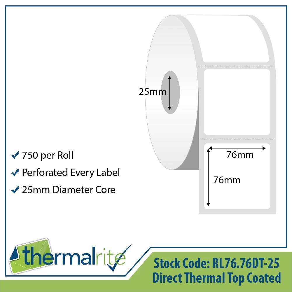 Direct Thermal Roll Label Top Coated - Thermalrite, PEL, 76x76mm - 5 Rolls/pk (£/pk)